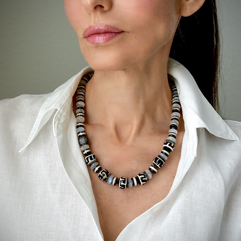925 Silver Diamond Rainbow Moonstone Statement Necklace